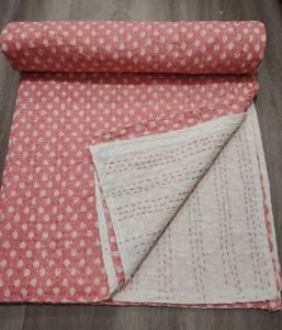 Indian pink Floral Print King Size Cotton Kantha Quilt Throw Blanket Bedspread - Picture 1 of 5