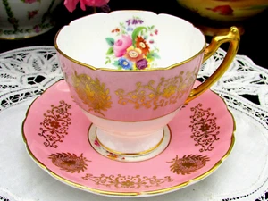 COALPORT PINK ROSE FLORAL SPRAY GOLD GILT BONE CHINA TEA CUP AND SAUCER - Picture 1 of 8