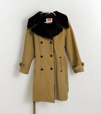 Vintage 70s Paul Harris Black Faux Fur Tan Button Trench Coat M Mod Retro Boho - Image 1 of 4