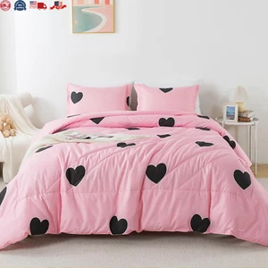 Blush Pink Love Comforter Set Queen Size, Cute Heart Pattern Bedding Comforte... - Picture 1 of 12