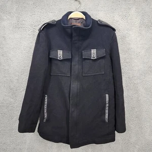 Giacca militare Cole Haan uomo taglia media misto lana orlo pelle di agnello cappotto nero - Foto 1 di 21