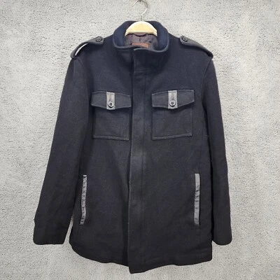 Cole Haan Mens Size Medium Wool Blend Military Jacket Lambskin Trim Black Coat - Image 1 of 4