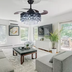 42 Inch Black Ceiling Fan, Remote LED Dimmable Crystal Fandian - Picture 1 of 12
