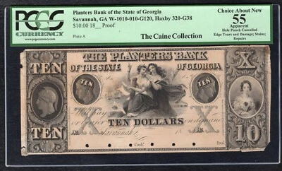 1800's $10 PLANTERS BANK STATE OF GEORGIA SAVANNAH, GA OBSOLETE PROOF PCGS AU-55 - Image 1 of 2