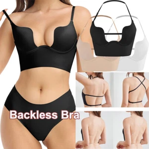 Womens Push Up Bra Backless Low Cut Sexy U Plunge Brassiere Invisible Underwear - Picture 1 of 17