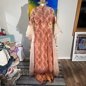 Vintage 50s Edythe Vincent Alfred Angelo Pink Organza Wedding Lace Button Dress - Picture 1 of 12