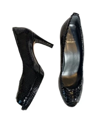 Stuart Weitzman Plainfield Peep Toe Pumps Shoes Sz 9 Blk Snake Embossed Leather - Image 1 of 4