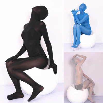 Womens Ice Silk Bodystocking Ultra Shiny Silky Jumpsuit Catsuit With hood gloves - Photo 1/4