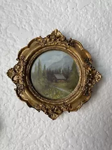 Cabina Loggia Foresta Dipinto Olio Stampa Ceramica Antica Cornice Oro Targa Wall Art - Foto 1 di 7