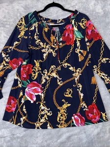 Susan Graver Womens Top Liquid Knit Equestrian Chain Print Tunic Bell Sleeve L - Picture 1 of 8