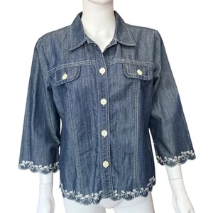 Christopher & Banks Denim Jacket w/ Embroidered Hem & 3/4 Sleeves Womens Size L - Picture 1 of 7