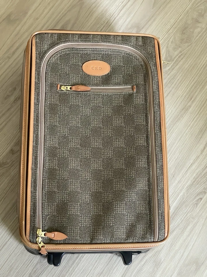 Vintage FRENCH LUGGAGE CO Checkered Tweed & Leather 22” Upright Wheeled Suitcase - Image 1 of 4