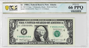 1988a $1 Federal Reserve 'WEB' Note- FM block--(combo 1/2) -PCGS 66 PPQ--1 finer - Picture 1 of 5
