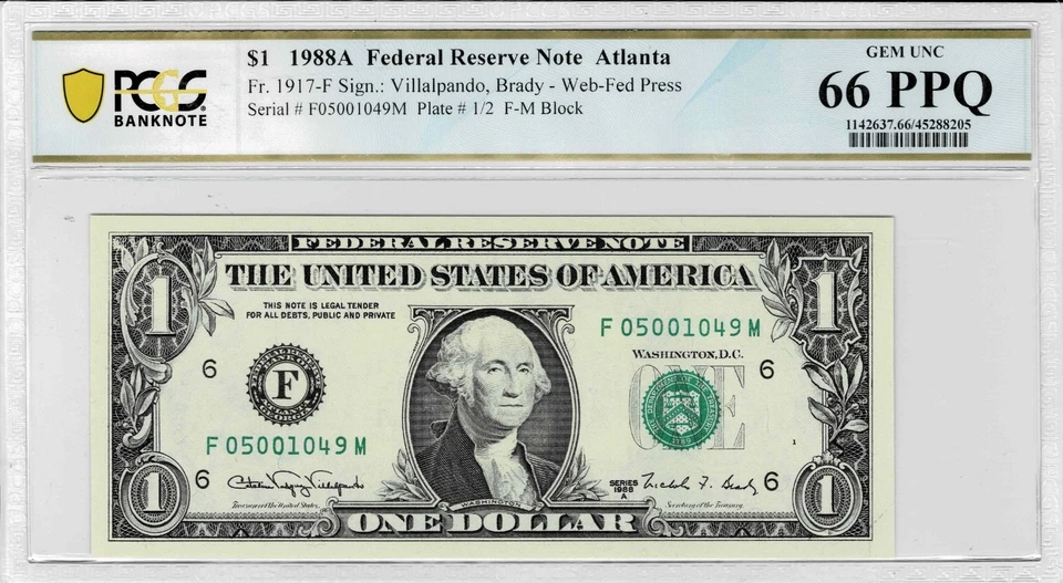 1988a $1 Federal Reserve 'WEB' Note- FM block--(combo 1/2) -PCGS 66 PPQ--1 finer - Image 1 of 4