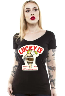 Camiseta Lucky 13 Asegurada Modelo Niña Pinup Tatuajes Rockabilly Cuello Redondo LW1140IN Foto 1 de 3