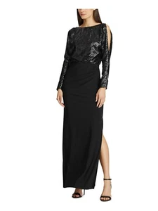 RALPH LAUREN Sequined Black Long Sleeve Maxi Sheath Evening Dress Size: 2 - Picture 1 of 2