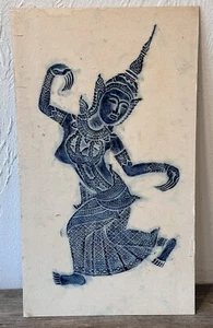 Vintage Thai Temple Rubbing On Rice Paper Blue Dancer 20 x 11.5 - Picture 1 of 13
