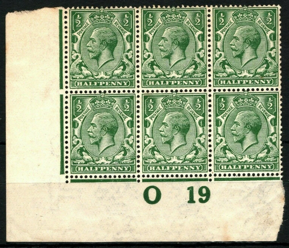 GB KGV Stamps SG.356 ½d Blue-green CONTROL *O19* Block{6} UMM MNH* c£300- SS4334 - Image 1 of 4