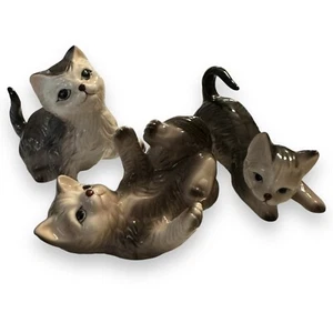 Set Of 3 Vintage Porcelain Cat Figurines Kittens Gray White - Picture 1 of 10