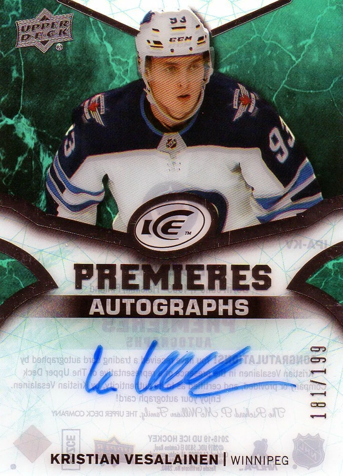 Kristian Vesalainen 18/19 UD Ice Premieres Autographs #IPA-KV - Image 1 of 1