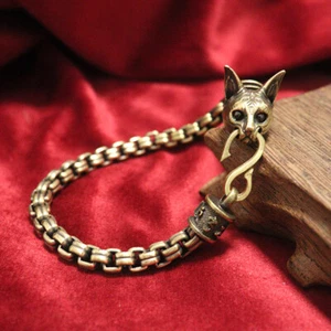 Bastet w/ Garnet Eyes Brass Ancient Egyptian Cat Deity Golden Chain Bracelet - Picture 1 of 11