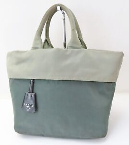 Authentic PRADA Grayish Nylon and Leather Tote Hand Bag Purse #53323