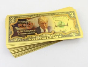 Lots 100 Pcs US $ 2 Dollar Crafts Banknotes President Trump Golden Notes Money - Picture 1 of 7