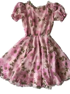 Vintage 50er Jahre kleines rosa Blumen Kleid Rüschen Puffärmel skurril - Bild 1 von 17