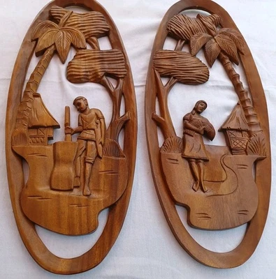 Antigo MCM Polinésio Arte de Parede Esculpida à Mão Tiki Bar Meio Século Cenas de Madeira Grande - Imagem 1 de 4