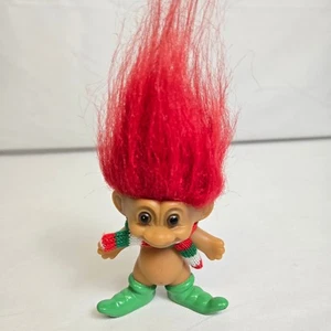 Vtg Russ Merry Little Elf Christmas Troll, Red Hair, Striped Scarf, 3" - Picture 1 of 10
