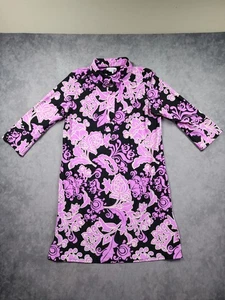 Jude Connally Camicia Abito Donna L Nero Viola Floreale Bottoni Frontali Preppy - Foto 1 di 14