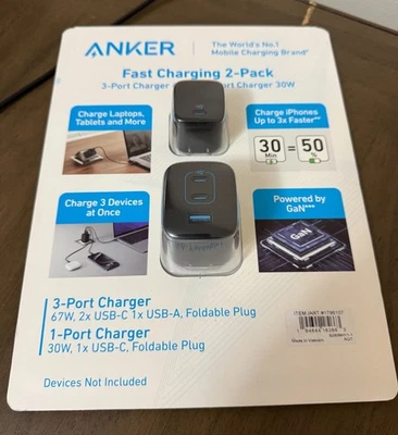 Anker Fast Charging Adapter with 67W USB C Charger &30W GaN PIQ 3.0 Wall Charger - Image 1 of 2