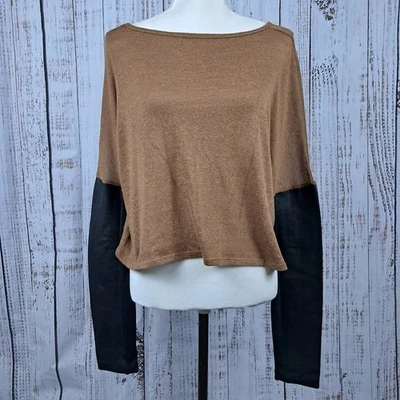 ELIZABETH AND JAMES M Cotton Top Brown Long Sleeve Black Leather Sleeve Moto - Image 1 of 4