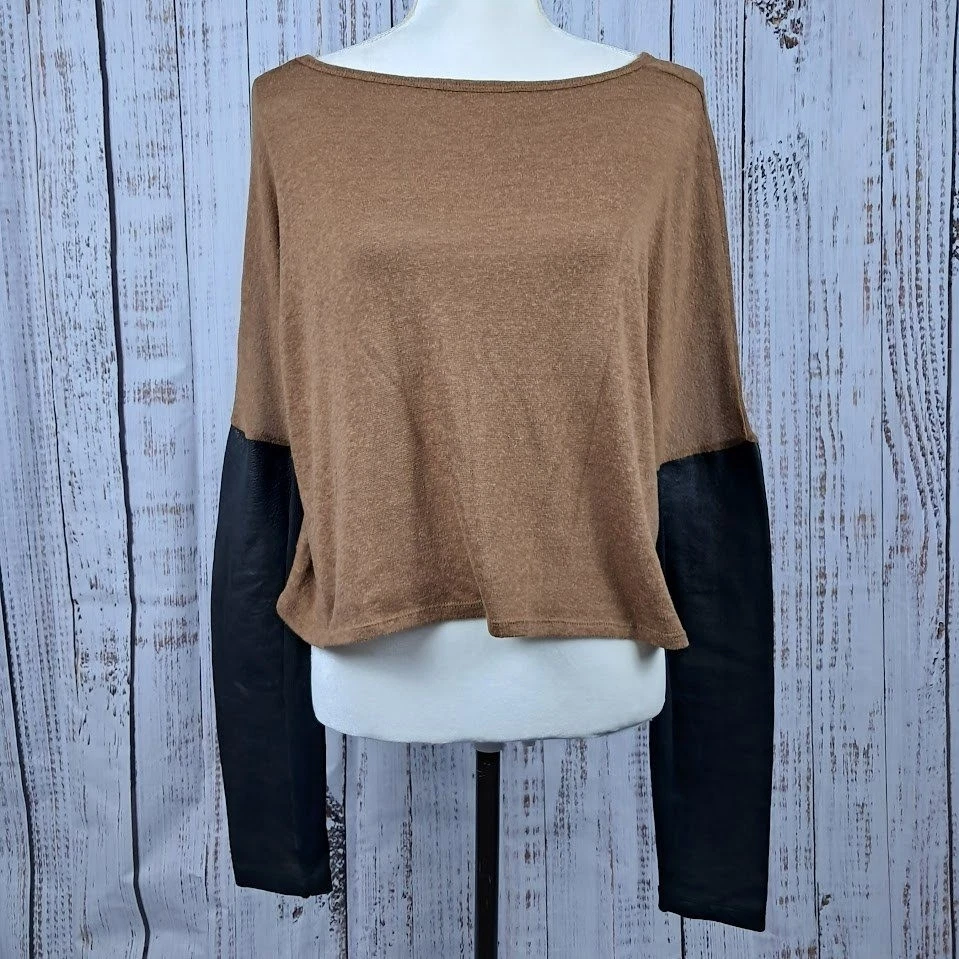 ELIZABETH AND JAMES M Cotton Top Brown Long Sleeve Black Leather Sleeve Moto - Image 1 of 4