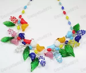 VÖGEL & BLÄTTER Blüte MULTI Murano GLASPERLEN HALSKETTE Vintage BLAU, ROT Vogel & Blatt - Bild 1 von 1