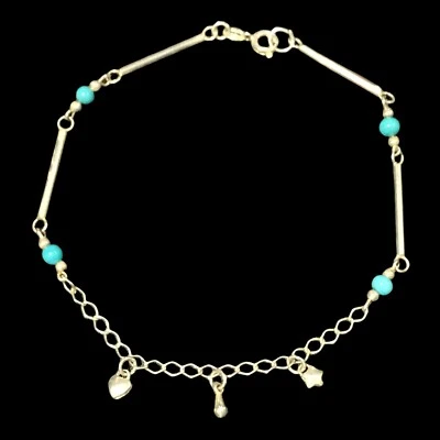 sterling silver turquoise Beads With Charms anklet/bracelet 9.5” - Image 1 of 3