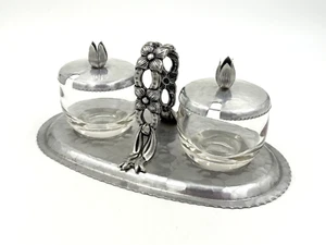 MCM Rodney Kent Hammered Aluminum Condiment Set w/ Two Glass Jars & Holder - Picture 1 of 7