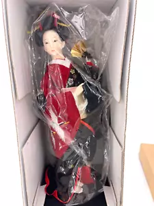 Japanese Geisha Doll on Stand Red/Black Kimono with Cranes Fan 12.5" #RC0001 - Picture 1 of 3