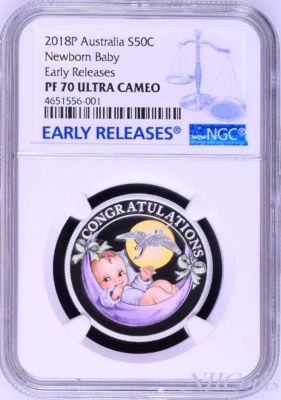 2018 P Australia PROOF COLORIZED Silver Newborn Baby NGC PF70 1/2oz 50c Coin - Image 1 of 4