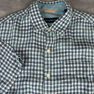 Tommy Bahama Shirt Mens M Blue Green Check 100% Linen Short Sleeve Button Up - Picture 1 of 14