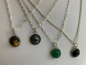 10mm Stone or Ceramic Cabochon Pendant Necklaces on Silver Plated Chains - Picture 1 of 17