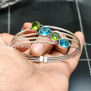 Facettierter Peridot & Blautopas Edelstein 925 Sterling Silber Armreif Mansch... - Bild 1 von 7