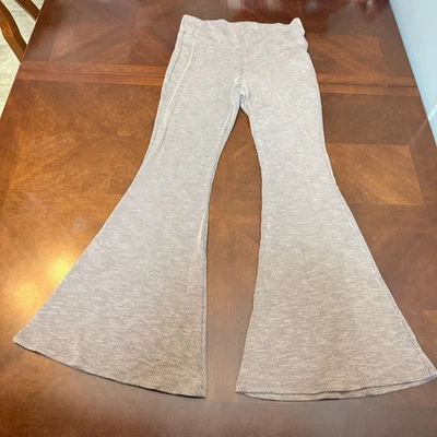 Bell Bottom Pants Taupe Pull-On Stretch Flare Boho  Ribbed Knit  retro style - Image 1 of 4