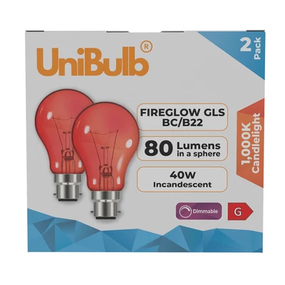 UniBulb Fireglow B22 BC Bayonet Red Light Bulbs for Electric Fires Pack of 2