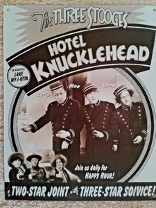 Three Stoogts Tin Sign 12 X15ins. HOTEL KNUCKLEHEAD Happy Hour - Picture 1 of 5