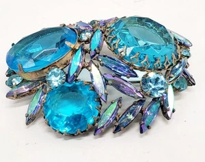 Vintage «REGENCY» Huge Blue Crystal Glass Brooch Pin/Brooch Aurora Borealis 2.5" - Picture 1 of 16