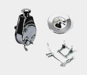 SBC Chevy 350 Chrome Saginaw Power Steering Pump w/ Bracket & Pulley Kit Keway - Picture 1 of 7