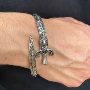 Men’s Medieval Sword Black Crystal Adjustable Bracelet Charm Bangle Hip Hop - Picture 1 of 7