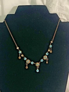 Vtg Iridescent Topaz Blue Amber Rhinestone Choker Necklace 15.25” 5 Stone Drop - Picture 1 of 7