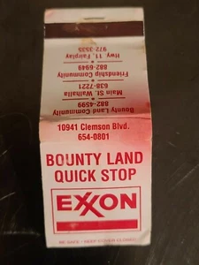 Vintage ORIGINAL Bountyland Quickstop Exxon Walhalla South Carolina Matchbook - Picture 1 of 4